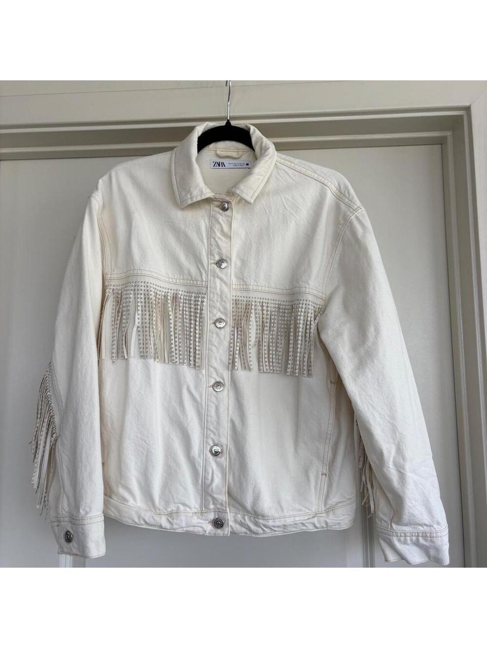 Zara Off-White Denim Fringe Jacket with Stud Detail